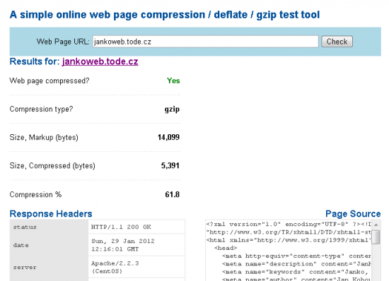 A simple online web page compression - výsledek