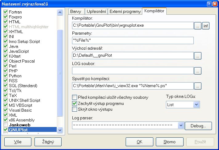 Nastavení kompilátoru pro GNUPlot v PSPadu